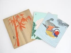 徳力富力郎　鴛鴦図・牡丹図木版画　色紙2枚（箱付）